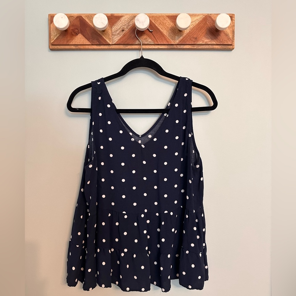 EUC Navy Blue Polka Dot Loft Peplum Top Size L
